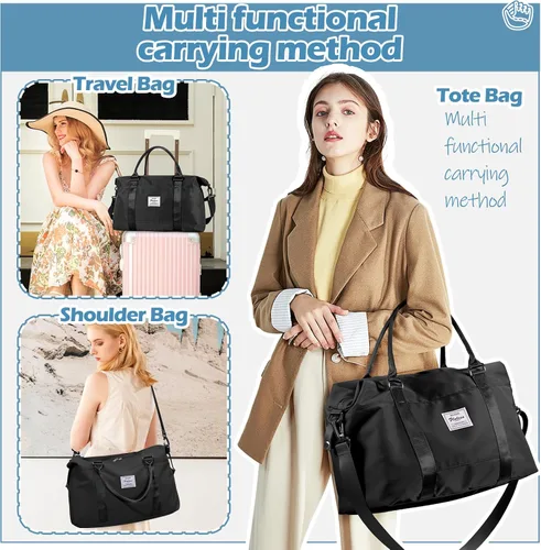 Miniatura 2 de Pequeña bolsa de gimnasio negra para mujer, elegante bolsa de viaje para avión, bolsa de lona ligera para mujeres y hombres, bolsa