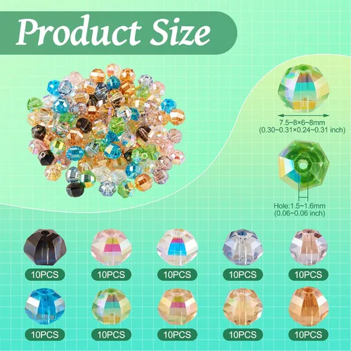 Miniatura 2 de Craftdady 100 cuentas de vidrio Rondelle facetadas de 0.315 a 0.315 pulgadas, cuentas de cristal transparente sueltas redondas espaciadoras