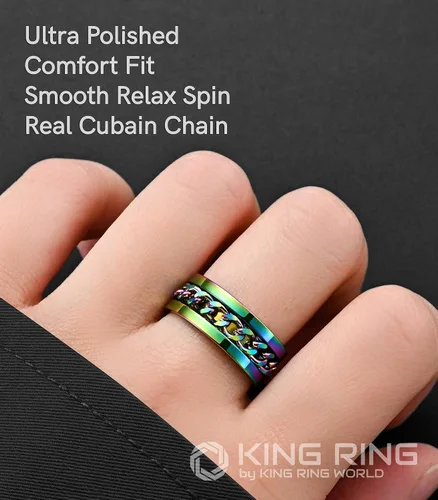 Miniatura 29 de King Ring Anillo giratorio de 0.315 pulgadas, anillo plano pulido fino para hombres y mujeres con cadena cubana, diseñado en Estados Unidos