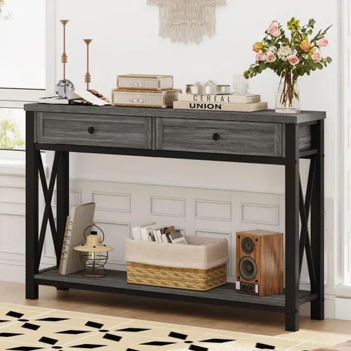 Miniatura 11 de BON AUGURE - Mesa de consola rústica detrás del sofá, mesa industrial de entrada con estantes, mesas de sofá de 3 niveles estilo granja para sala
