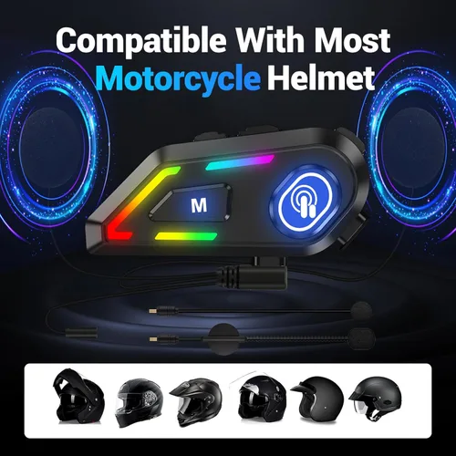 Miniatura 5 de Auriculares Bluetooth para casco con luces RGB para conductores, altavoces de casco con micrófonos duales, llamadas manos libres, música, IPX5