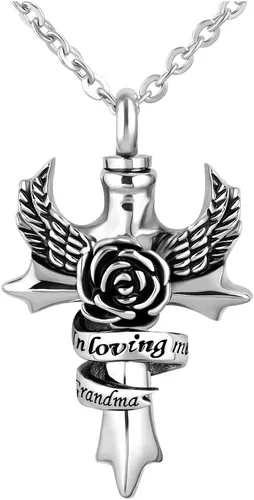 Miniatura 7 de in Loving Memory - Collar de urna de cremación con cruz para cenizas, alas de ángel, recuerdo conmemorativo, medallón