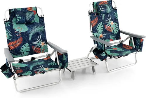 Miniatura 32 de Goplus Silla de playa, mochila plegable para adultos, sillas de playa con posiciones ajustables, almohada para la cabeza, bolsa refrigeradora