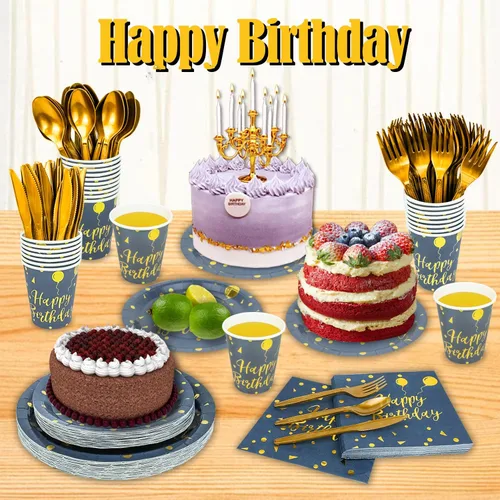 Miniatura 7 de Juego de vajilla desechable dorada de 175 piezas y vajilla desechable para fiesta de cumpleaños, platos de papel, servilletas, vasos, tenedores
