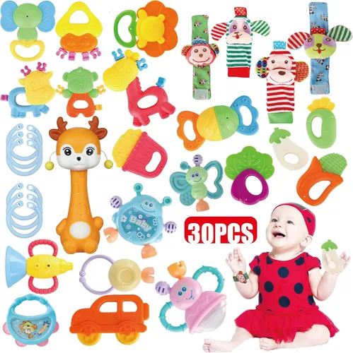 Cocurb Juego de 30 piezas de juguetes de bebé de alto contraste para bebés, sonajeros, juguetes de dentición y calcetines de muñeca, adecuado para 6