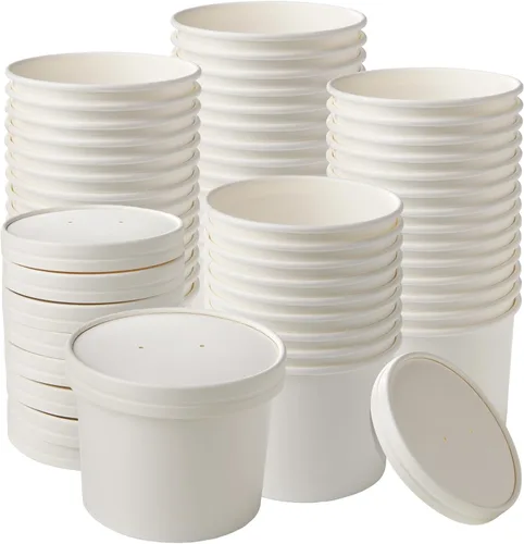 Miniatura 13 de Vasos de papel para helado con tapas de papel, tazas de papel para sopa caliente/fría con tapas (blanco) (40, 8 onzas)