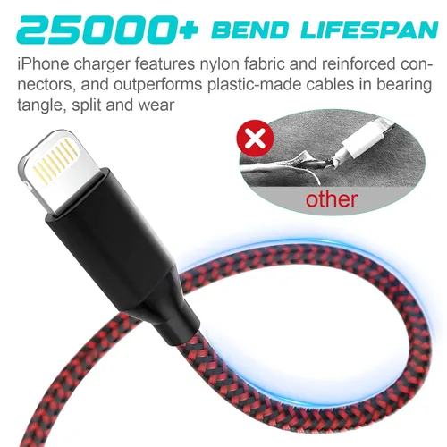 Miniatura 2 de Paquete de 3 cables de carga para iPhone de 6 pies con certificación MFi, trenzados, de carga rápida, duraderos y curvados de 25 K+ para iPhone
