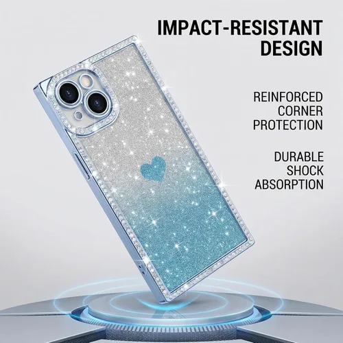 Miniatura 6 de Funda para iPhone 13, funda de diamantes de imitación de lujo con patrón de corazón de amor de cristal [papel con purpurina extraíble], parachoques