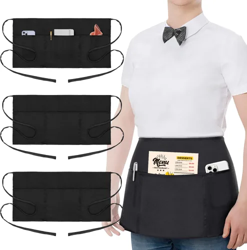 Paquete de 3 delantales de cintura – Delantales de servidor con 3 bolsillos – Delantal de camarera resistente al agua y al aceite – Delantal negro
