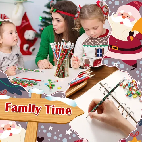 Miniatura 5 de Crtiin 72 lápices de Navidad y mini borradores a granel, lindo y divertido lápiz y borradores, hombre de jengibre, Papá Noel, muñeco de nieve