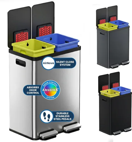iTouchless Cubo de basura doble de cocina de 16 galones / 60 L y cubo de reciclaje, cubos extraíbles de 2 x 8 galones, pedal de acero inoxidable de