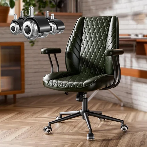 Miniatura 11 de Silla de escritorio de oficina de cuero negro con ruedas de goma silenciosas, altura ajustable, brazos acolchados, silla de oficina vintage