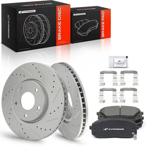 A-Premium Rotores de freno de disco perforados y ranurados delanteros de 11.81 pulgadas (11.811 in) + kit de pastillas de cerámica compatible con