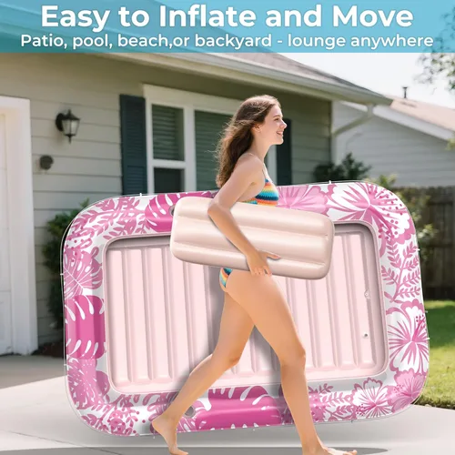 Miniatura 8 de Flotador inflable de bronceado para piscina con lona de protección, flotadores de piscina de 70 x 46 pulgadas para adultos con almohada, flotador 6