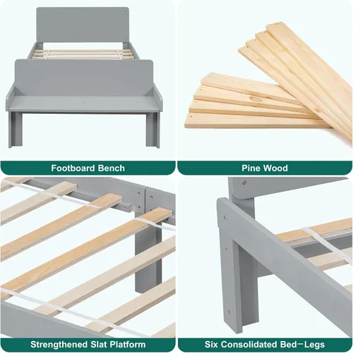 Miniatura 4 de Dolonm Marco de cama individual para niños con banco de estribo, gris, madera de pino, estilo moderno, no necesita somier