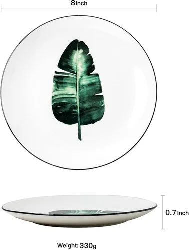 Miniatura 2 de Juego de 6 platos de porcelana de 8 pulgadas con patrón de plantas, vajilla de cerámica blanca para carne, almuerzo, ensalada, postre, servir pan