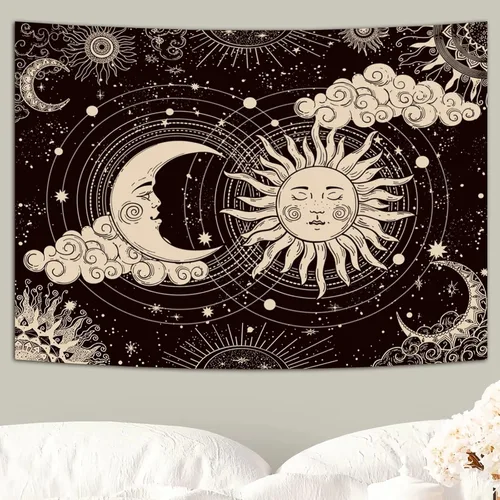 Miniatura 6 de Wonrizon Tapiz de Sol y Luna, Estético Negro Oscuro Tapices Espirituales Místico Sol Ardiente con Nubes Estrella Decoración Colgante de Pared
