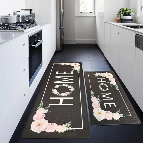 Tapetes de cocina negros para piso, 2 piezas, diseño floral, antifatiga, para el suelo de la cocina, alfombras acolchadas y antifatiga impermeables