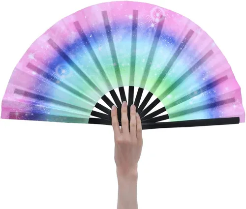 Miniatura 34 de HeyToo Ventilador de mano grande para mujeres/hombres, con brillo UV, para Drag Queen, cosplay, EDM, club, fiesta, música, festival, baile, Cuadrado