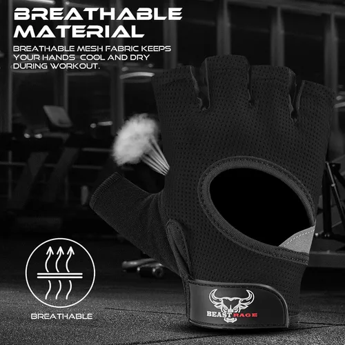 Miniatura 6 de BEAST RAGE Guantes sin dedos para levantamiento de pesas con acolchado de protección en la palma, guantes de gimnasio transpirables y ligeros