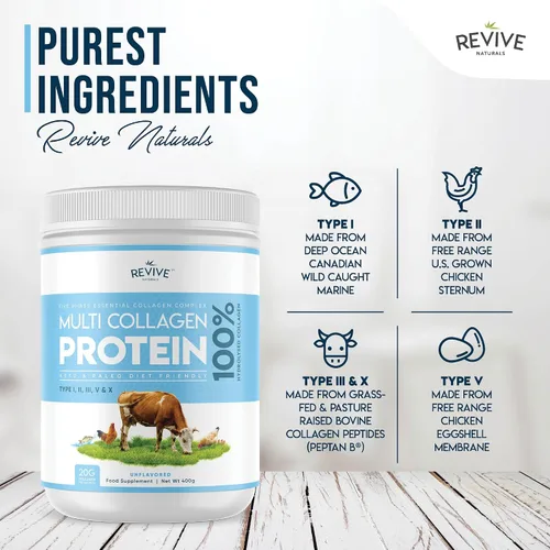 Miniatura 7 de Revive Naturals Multi Colágeno Hidrolizado Polvo de Proteína (16oz) - Tipos I, II, III, V y X - Bovino Alimentado con Pasto, Marino Pescado Salvaje