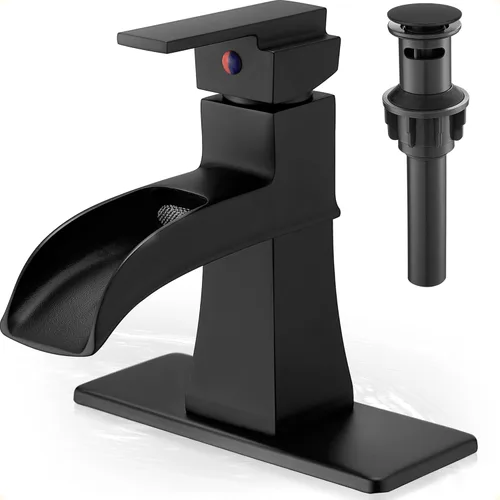 Grifo de Cascada, Grifo de Lavabo de Baño de Latón Negro de 1 Orificio o 3 Orificios (4 Pulgadas) con Mango Único, Desagüe Pop-Up, Mangueras de
