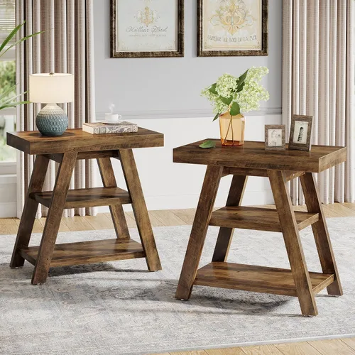 Miniatura 10 de Tribesigns Mesa auxiliar de granja, mesa auxiliar de madera de 3 niveles con patas trapezoidales, mesa auxiliar rústica para sofá, mesita de noche