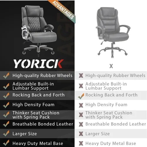 Miniatura 7 de Silla de oficina grande y alta de 400 libras, soporte lumbar ajustable, ruedas de goma silenciosas, base de metal resistente, escritorio ejecutivo