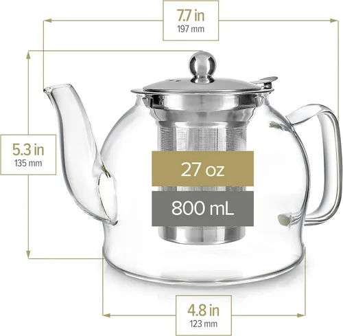 Miniatura 5 de Teabloom Dublin - Tetera de vidrio de borosilicato de primera calidad con infusor inoxidable extraíble, apta para estufa, ideal para té de hojas