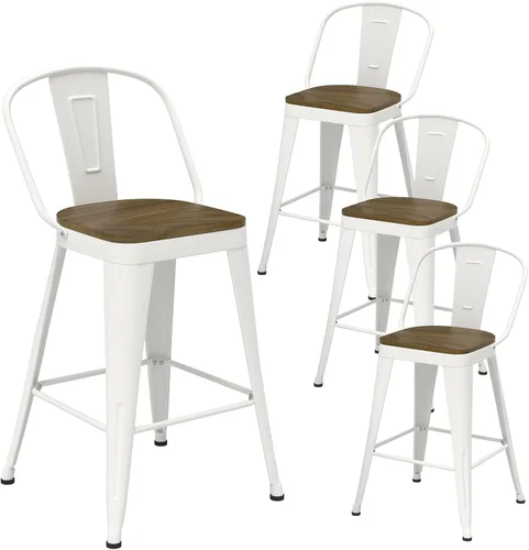 Miniatura 15 de Juego de 4 taburetes de bar de metal, taburetes de bar con respaldo alto con asiento de madera, taburetes de bar negros de 24 pulgadas para isla