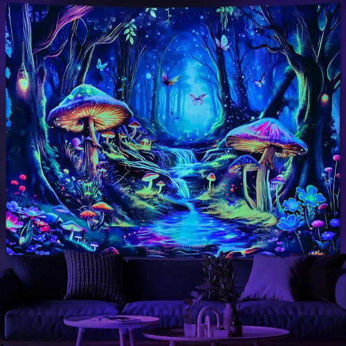 Miniatura 2 de Tapiz de Hongos con Luz Negra Reactivo a UV, Tapiz de Paisaje de Bosque Brumoso, Fantasía de Hadas en País de las Maravillas con Mariposas