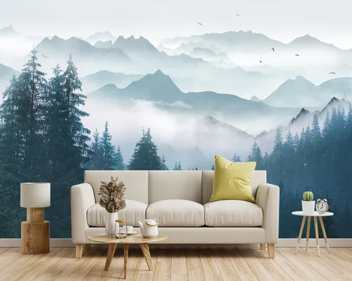 Miniatura 2 de Mural de pared de bosque nebuloso con escena de pino, papel tapiz de tela para sala de estar, dormitorio, baño, mural de montaña - 91"x65