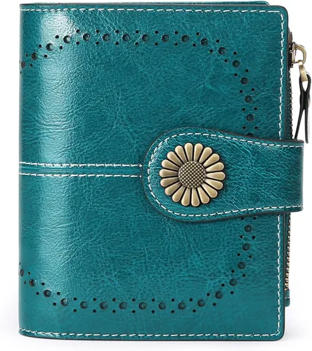 Miniatura 34 de SENDEFN - Billetera pequeña de piel auténtica para mujer, diseño plegable con ventana para tarjeta de identificación