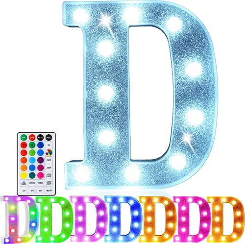 Pooqla Letras iluminadas coloridas, letrero de marquesina LED que funciona con pilas, lámpara de 18 colores con control remoto para fiesta de