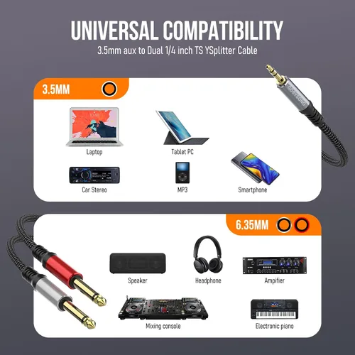Miniatura 2 de Adaptador de cable de audio estéreo 1/8 a dual 1/4 TS mono Y Splitter compatible con iPhone, PC, tarjeta de sonido de computadora, mezclador