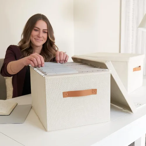 Miniatura 6 de Caja organizadora de archivos decorativa, juego de 2 – Archivadores plegables de lino con asas son perfectos para almacenar todos tus documentos