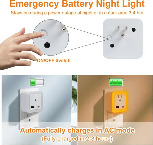 Miniatura 5 de JackonLux Luces nocturnas enchufables a la pared, paquete de 2 luces de reserva con batería recargable, sensor de atardecer a amanecer, luz nocturna