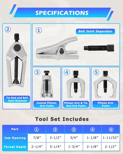 Miniatura 2 de DAYUAN Kit de herramientas de servicio frontal profesional, 5 piezas, color azul, extractor de brazo Pitman, separador de rótula, herramienta