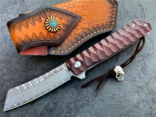 Miniatura 7 de TACTICAL GEARZ Navaja de bolsillo de Damasco para EDC, mango de palisandro, hoja recta de damasco con 67 capas y un núcleo VG10 (Rogue XS)