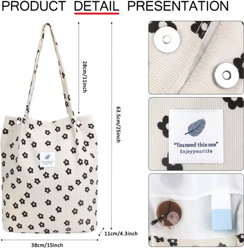 Miniatura 100 de Ayieyill - Bolsa de pana para mujer y niña, con correa de lona para colgar al hombro, bolsa con bolsillo