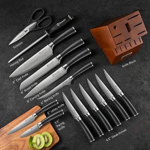 Miniatura 5 de Sunnecko Juego de cuchillos con bloque y afilador, juego de bloque de cuchillos de cocina de 15 piezas, cuchillos de cocina afilados, acero Negro