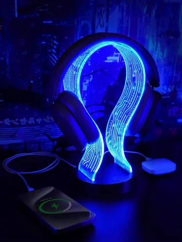 CoolGift Mart Light Up Headphone Stand with 16 Color Lights, PCB Pattern Acrylic Headset Stand with 1 USB and 1 Type-C Charging Ports, Gifts for