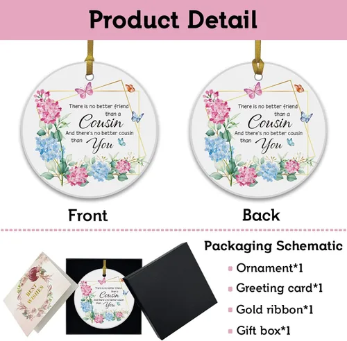 Miniatura 2 de REWIDPARTY Adorno floral de primo, placa de recuerdo para árbol de Navidad, regalo de graduación, cumpleaños, para mujeres y hombres, adorno