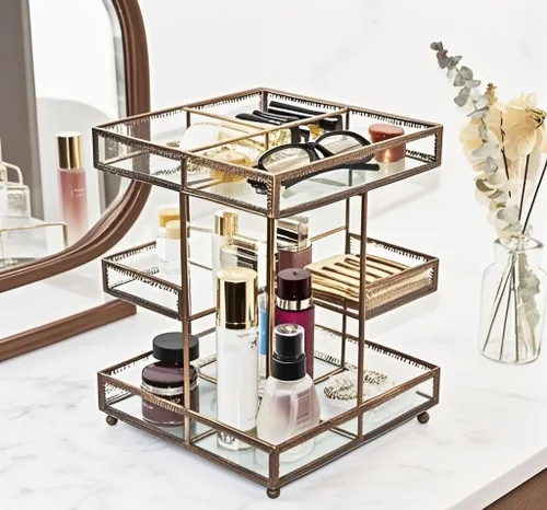 Miniatura 4 de Organizador de maquillaje de vidrio giratorio 360, almacenamiento de cosméticos giratorio con compartimentos multicapa, soporte de maquillaje Latón
