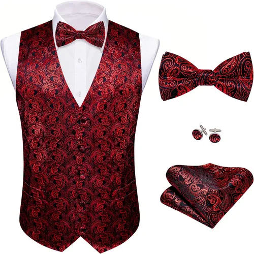 Miniatura 84 de Barry.Wang Conjunto de chaleco de pajarita para hombre, chaleco con cuello en V de seda jacquard de cachemira, gemelos de pañuelo formal/ocio, boda