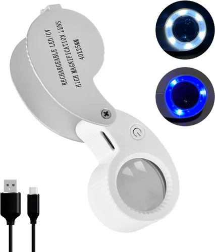 Lupa de bolsillo para joyería, recargable con 6 LED y 3 luces UV, lupa de metal pequeña de 0.98 pulgadas, lente óptica plegable e iluminada, para