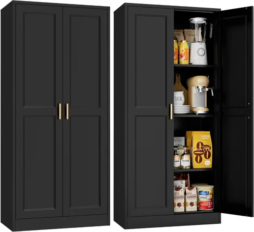 Miniatura 10 de Armario de almacenamiento de metal de 71 pulgadas de alto, armarios de almacenamiento de despensa de cocina con puertas y 4 estantes, armario
