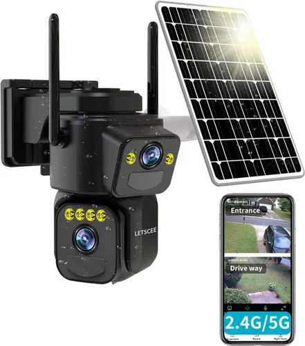 LETSCEE Cámaras de Seguridad WiFi para Exteriores, Cámaras 5G/2.4G para Seguridad del Hogar con Energía Solar con Lente Dual, Detección de