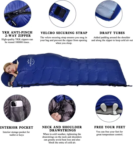 Miniatura 3 de 0 20 Degrees F Down Sleeping Bag for Adults,4 Season Rectangle Down Sleeping Bag for Camping Hiking Azul oscuro/Cremallera derecha