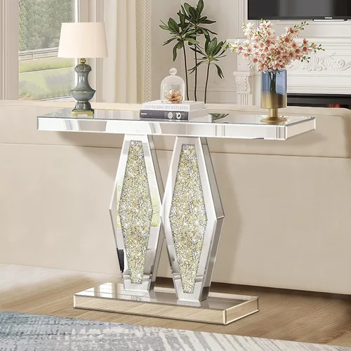 Miniatura 7 de Modernas mesas de consola de entrada con espejo con incrustaciones de diamante triturado dorado, mesa de pasillo plateada de 39.37 pulgadas de largo